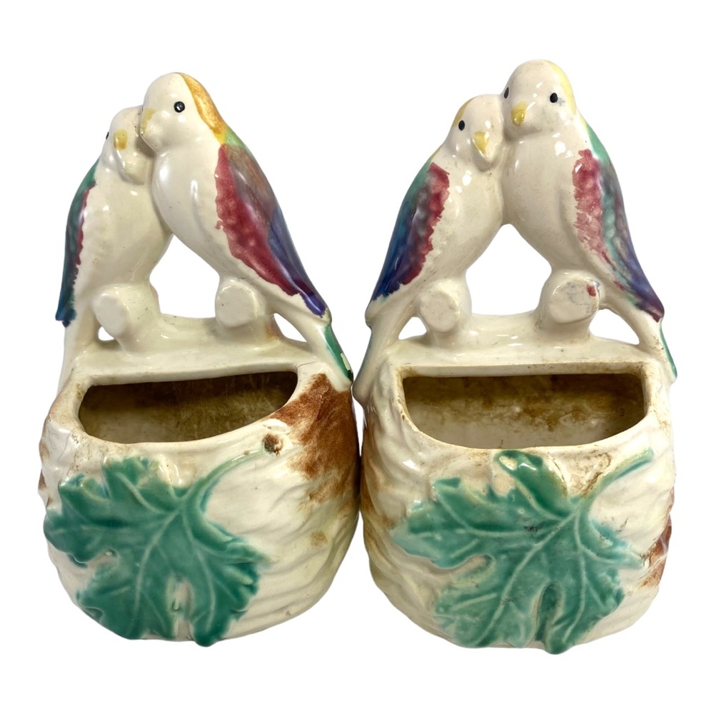 Morton Pottery Vintage Lovebirds Planter Vase Wall Pockets Set of 2